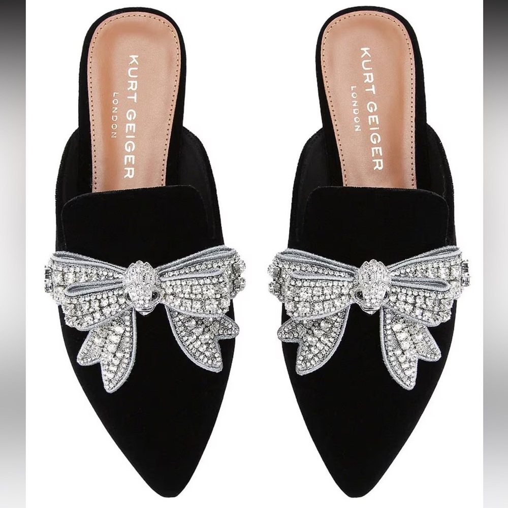 Kurt Geiger Olive Crystal bow velvet Mules shoe rhinestone flat size 36